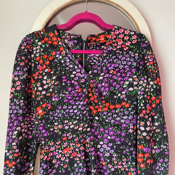 60s 70s Fit & Flare Psychedelic Red and  Purple Floral Black Dress - Picture 2 of 6